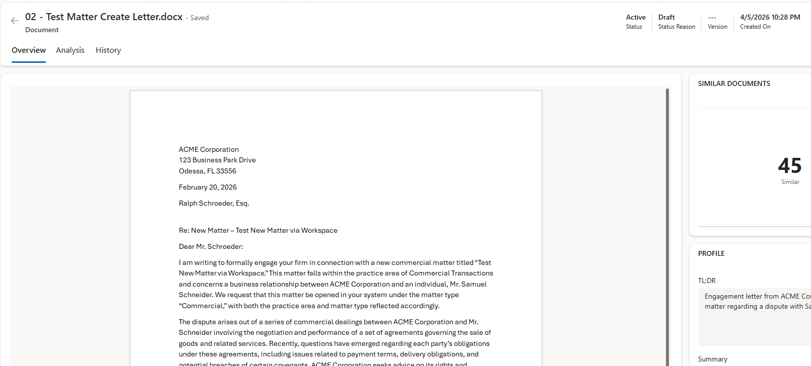 Spaarke document record — AI-summarized profile with metadata, version history, and matter linkage