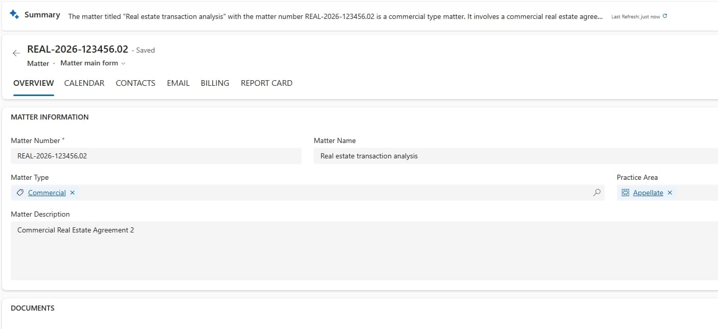 Spaarke matter record — overview, calendar, contacts, email, billing, and report card with matter information panel